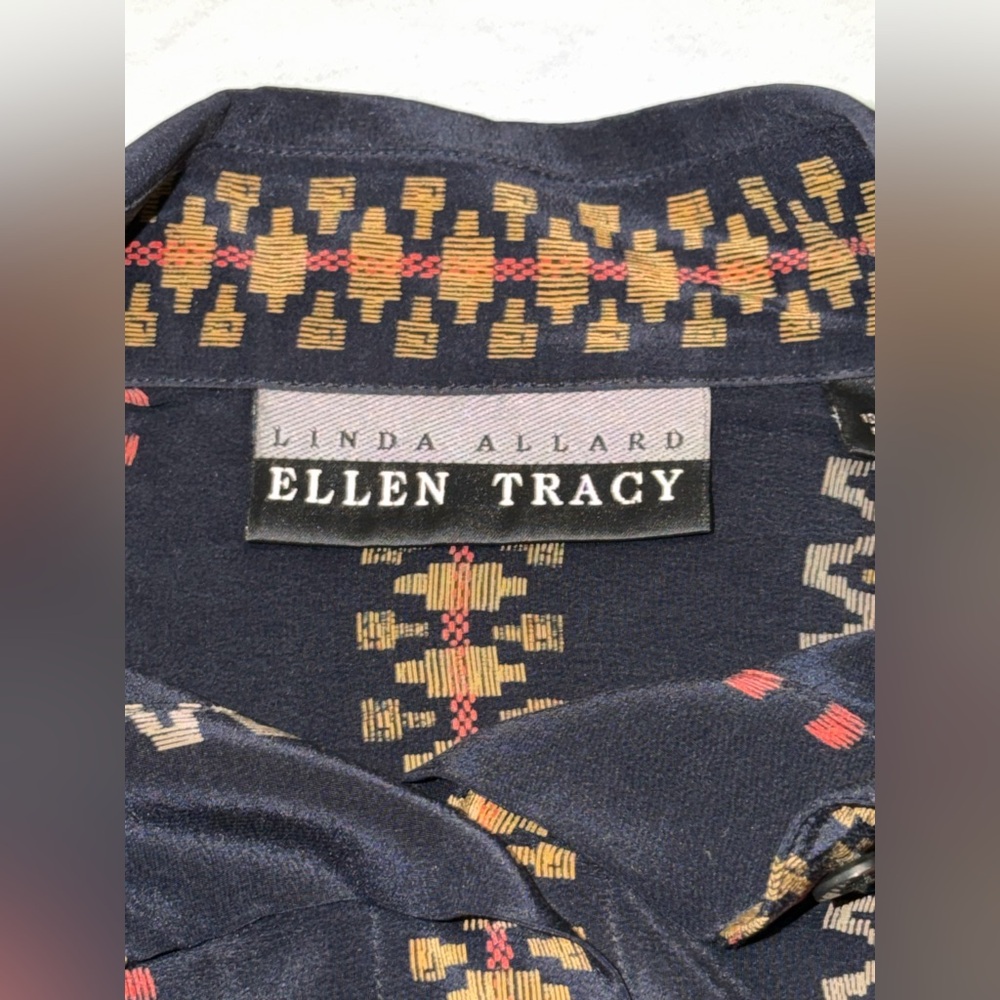 Vintage 90s Ellen Tracy Silk Blouse Geometric Stripe Navy Boho Oversized Size8 - Picture 3 of 10
